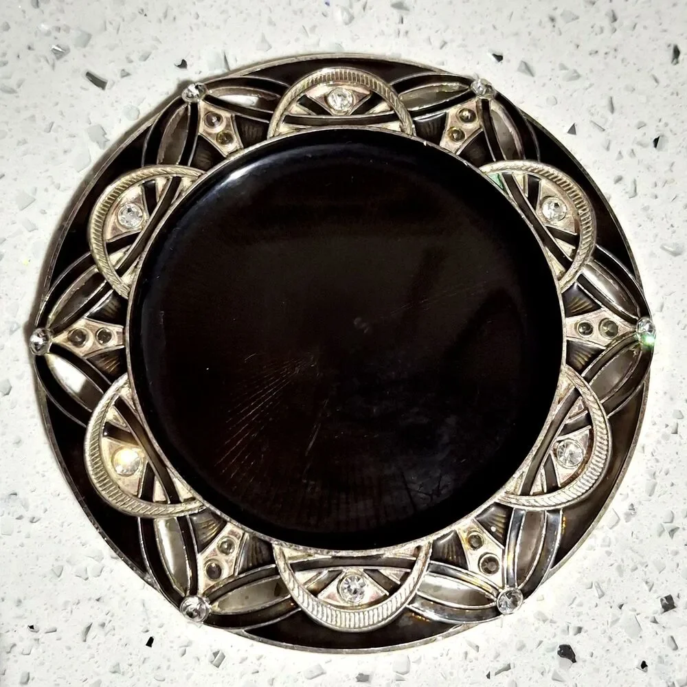 Wine Champagne Coaster Black Sliver Tone Metal Art Deco Enamel Crystal Accents